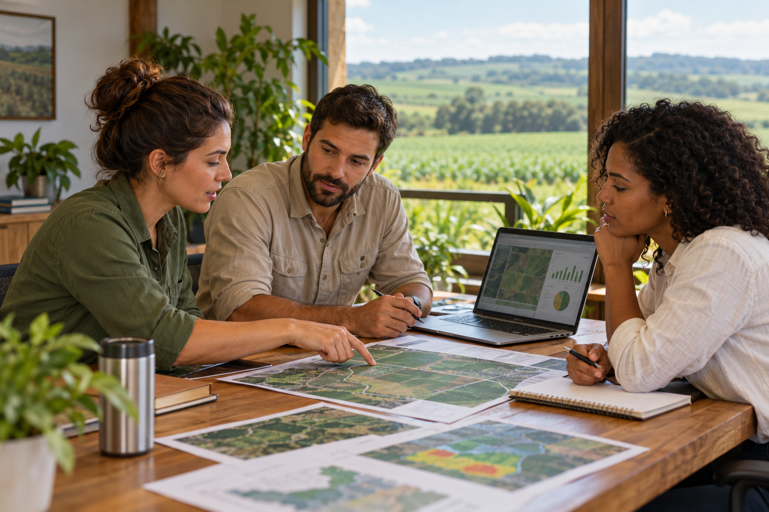 Cena ilustrativa de profissionais planejando operações agrícolas no escritório